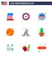 Flat Pack of 9 USA Independence Day Symbols of camp tent free flag usa ball Editable USA Day Vector Design Elements