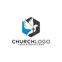 Church logo. Christian symbols. The Cross of Jesus, the fire of the Holy Spirit and the dove. vector