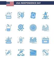 Blue Pack of 16 USA Independence Day Symbols of drink usa invitation transport rocket Editable USA Day Vector Design Elements