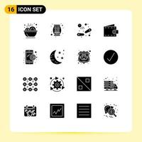 Pack of 16 Modern Solid Glyphs Signs and Symbols for Web Print Media such as digital marketing wallet pinball purse beach Editable Vector Design Elements