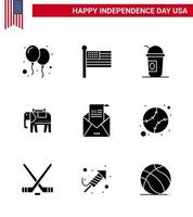 Happy Independence Day USA Pack of 9 Creative Solid Glyphs of greeting email america usa elephent Editable USA Day Vector Design Elements