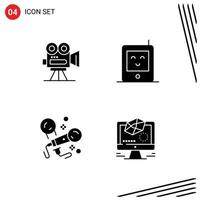 Modern Set of 4 Solid Glyphs Pictograph of camera microphone movie monitor singing Editable Vector Design Elements