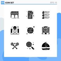 Set of 9 Vector Solid Glyphs on Grid for business idea team shopping statistics profile Editable Vector Design Elements