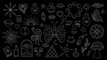 Magic background in retro style with hand drawn elements. Decorative mystical vector isolated pattern. editable stroke stickers. Esoteric element in minimalism. Collection of occult symbols tattoo art