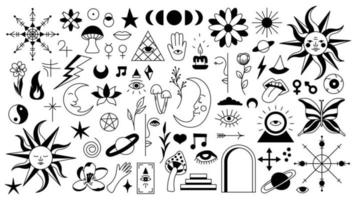 Magic background in retro style with hand drawn elements. Decorative mystical vector isolated pattern. editable stroke stickers. Esoteric element in minimalism. Collection of occult symbols tattoo art