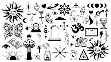 Magic background in retro style with hand drawn elements. Decorative mystical vector isolated pattern. editable stroke stickers. Esoteric element in minimalism. Collection of occult symbols tattoo art