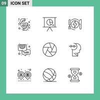 9 User Interface Outline Pack of modern Signs and Symbols of aperture consulting slide chat hotel Editable Vector Design Elements