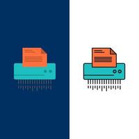 Shredder Confidential Data File Information Office Paper  Icons Flat and Line Filled Icon Set Vector Blue Background