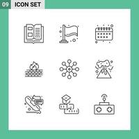 Set of 9 Vector Outlines on Grid for cell biochemistry education security firewall Editable Vector Design Elements