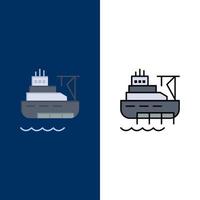 iconos de construcción de carga de barco de barco plano y conjunto de iconos llenos de línea vector fondo azul