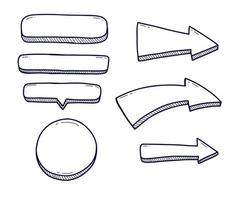 conjunto de colección de botones de garabato esquema de dibujo a mano. botón de rectángulo de fideos, botón de llamada, botón de círculo y decoración de elemento de botón de flecha vector