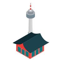 icono de punto de referencia de seúl vector isométrico. torre namsan y casa tradicional coreana