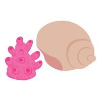 vector isométrico del icono de la flora submarina. coral hongo duro y concha de mar en espiral