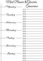 Meal planning and grocery list. Weekly menu planner. Breakfast, lunch, dinner and snacks. vector