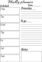 Notes, plans, goals, tasks, reminder, schedule. Personal weekly. vector