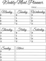Weekly menu planner. Meal planning and grocery list. Breakfast, lunch, dinner and snacks. vector