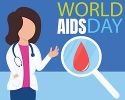 el gráfico vectorial ilustrativo de un médico está explicando sobre el sida, mostrando una lupa y una gota de sangre, perfecto para el día internacional, el día mundial del sida, celebrar, tarjeta de felicitación, etc. vector