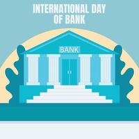 gráfico vectorial ilustrativo del edificio de oficinas bancarias, que muestra hojas y fondo de puesta de sol, perfecto para el día internacional, día internacional del banco, celebración, tarjeta de felicitación, etc. vector