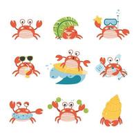 Set cartoon crab character emotion. Isolated vector illustration on white background.