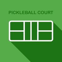 Pickleball court linear outline icon with long shadow on green background. Vector illustration.