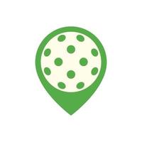 Pickleball ball location logo. Map pointer icon. Isolated vector illustration on white background.