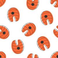 Seamless pattern with cartoon steak salmon. Vector illustration on white background.