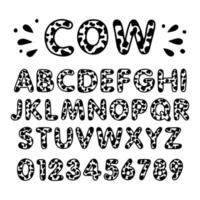 letras y números de vaca, alfabeto de animales impresos, monograma de granja vector