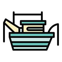 vector de contorno de color de icono de barco de pesca marina