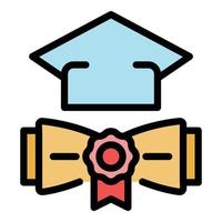 vector de contorno de color de icono de diploma y sombrero de graduación