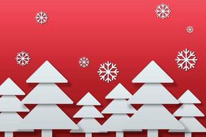 White christmas tree with snow flakes on red background. Design with paper style. vector