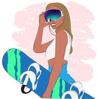 mujer de moda en gafas de esquí en una estación de esquí, moda, ilustración vectorial vector