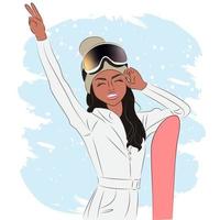 mujer de moda en gafas de esquí en una estación de esquí, moda, ilustración vectorial