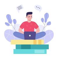 Man sit on books with laptop on background with plants. Concept of online learning, teaching, and work. Flat vector illustration.