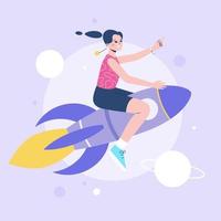 Woman flies on the rocket on the background of space. The concept of growth, learning, moving forward, or self-development. Flat vector illustration.