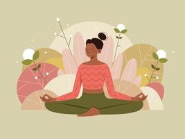 mujer en pose de meditación sobre fondo de naturaleza con hojas. ilustración conceptual para yoga, meditación, relajación, recreación y estilo de vida saludable. vector plano