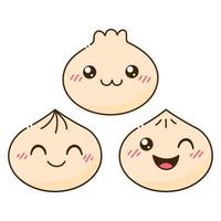 lindo juego de dim sum feliz. personaje de dibujos animados sonriente bao. albóndigas chinas tradicionales con caras graciosas vector