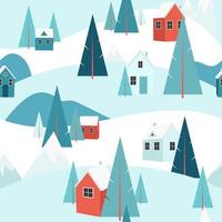 Seamless pattern Christmas vacation in the mountains. Winter day outdoor landscape snow, warm cozy houses and pine trees. Holidays in village house. Forest background ski resort. Vector illustration.