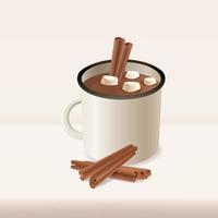 Homemade spicy hot chocolate with a cinnamon stick in an enamel cup. Hot cocoa with marshmallows in a white ceramic mug. The concept of a cozy holiday and the New Year. Vector realistic illustration.