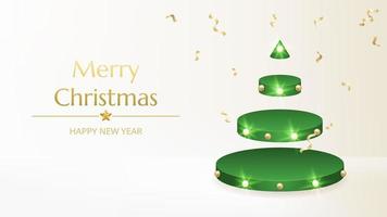 Merry Christmas Happy New Year background. Green Christmas tree 3d render of cylinder, sharp cone, lush pine and spruce green tree stage. Round studio podium, realistic 3d decorative garland glow. vector