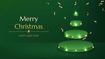 Merry Christmas Happy New Year background. Green Christmas tree 3d render of cylinder, sharp cone, lush pine and spruce green tree stage. Round studio podium, realistic 3d decorative garland glow. vector