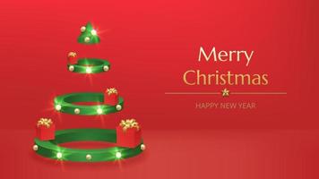 Merry Christmas Happy New Year background. Green Christmas tree 3d render of cylinder, sharp cone, lush pine and spruce green tree stage. Holiday gifts. Round studio podium, realistic 3d garland glow. vector