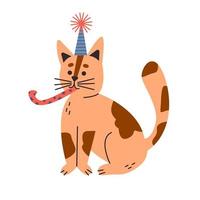 un gato en un sombrero para la celebración de cumpleaños vector