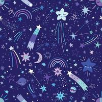 espacio vectorial de patrones sin fisuras con planetas, cometas, constelaciones y estrellas. cielo nocturno dibujado a mano doodle fondo astronómico vector