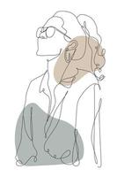 Line art girl with ponytail and glasses. Woman silhouette drawn in one continuous line and color spots on a background. Hand drawn fashion black line art. vector