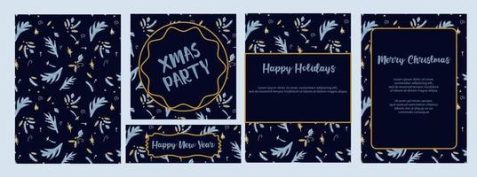 Set of New Year templates for cards, invitations and banners. Dark background XMAS party, Happy Holidays, Merry Christmas, Happy New Year. vector