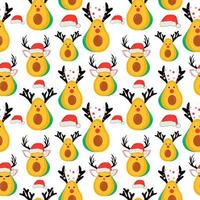 Seamless pattern with Avocado with Christmas accessories. Santa hat, deer horns. vector