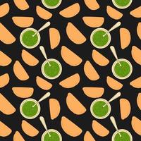 Seamless pattern with meat roasted empanadas on a baking sheet with sauce. vector
