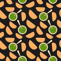 Seamless pattern with meat roasted empanadas on a baking sheet with sauce. vector