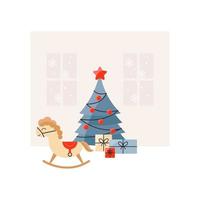 vector Christmas tree illustration with gifts and a horse