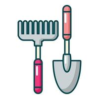 Scoop and hand rake icon, cartoon style vector